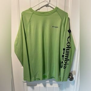 Columbia PFG Mens M Green Shiny Omni Shade Performance Long Sleeve Sun FLAW